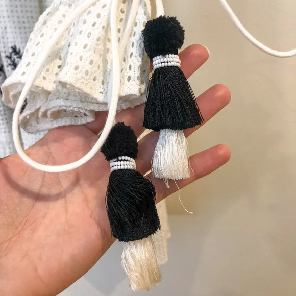 RARE Hemant & Nandita Embroidered Eyelet Tassled V Neck Cotton Mini Dress XS NWT - Picture 3 of 11